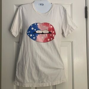 🩷 3/$18 White T-Shirt with American Flag Lips Design graphic tee shirt